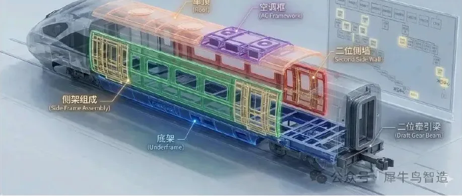 高铁车体结构:车顶、空调框、二位侧墙、侧架组成、底架、二位牵引梁